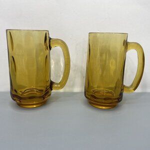 2 Vintage Amber Thumbprint Handle Beer Mugs Glasses